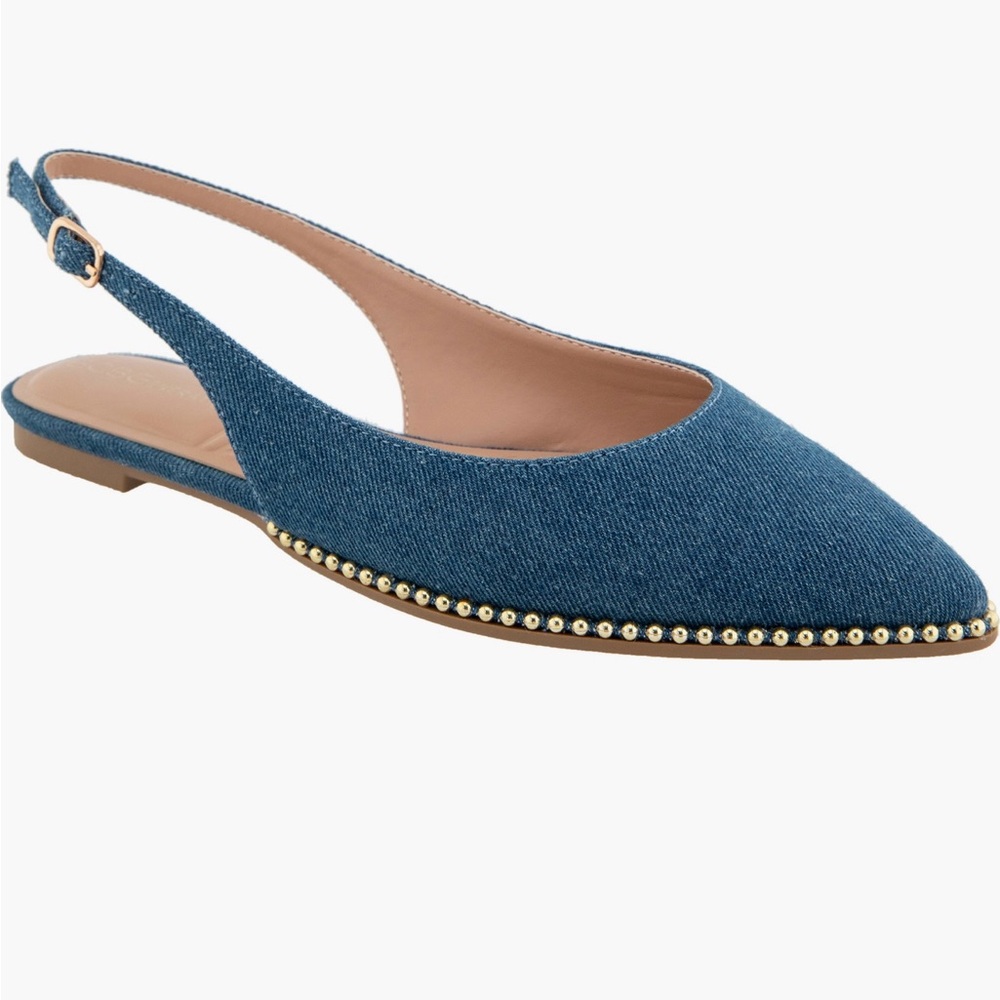 BCBGeneration Denim Blue Slingback Flats with Gold Trim